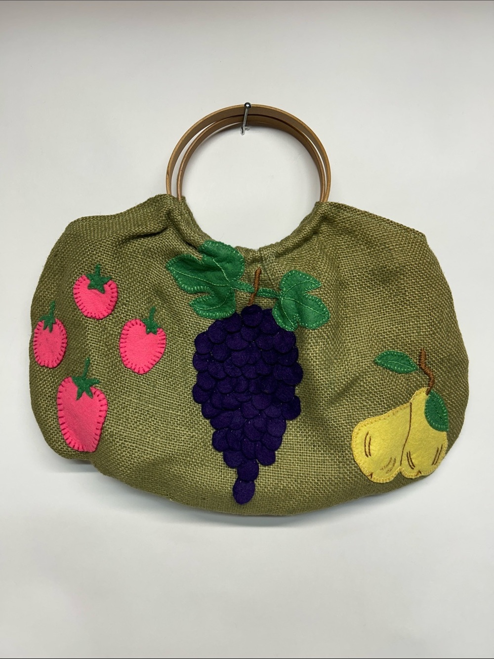 Handmade Green Fruit Appliqué Tote with Wood Handles purse bag